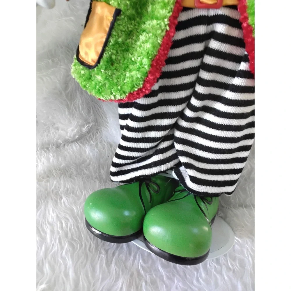 Vintage‎ 24 Inch Porcelain Clown Doll Green Fuzzy Jacket Striped Pants Stand
